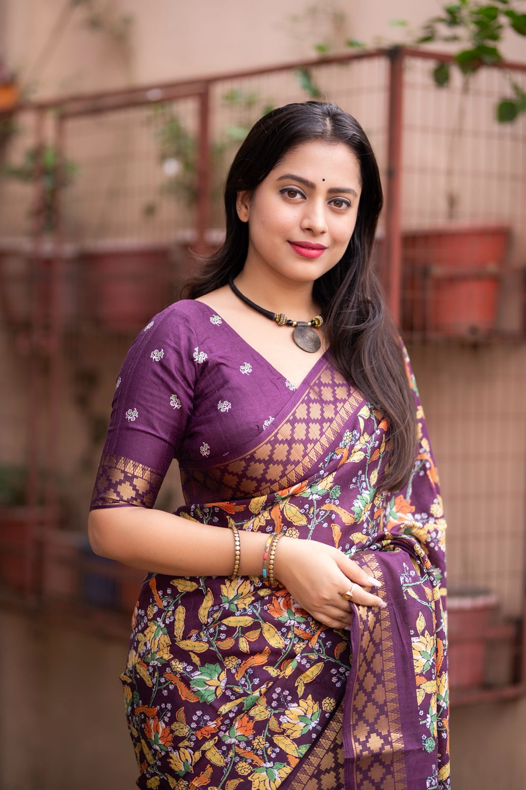 Plum Lilac Handloom Kalamkari Soft Silk Saree